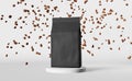 Black pouch bag falling coffee beans podium 3D rendering. Merchandise discount packaging logo shop design promo sale