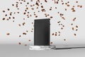 Black pouch bag mockup falling coffee beans marble podium white background 3D render. Merchandise advertising packaging