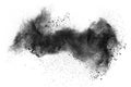 Black powder explosion against white background.The particles of charcoal splatted on white background. Closeup of black dust part