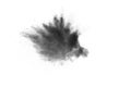 Black powder explosion. The particles of charcoal splatter on white background. Closeup of black dust particles splash isolated on Royalty Free Stock Photo