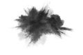 Black powder explosion. The particles of charcoal splatter on white background. Closeup of black dust particles splash isolated on Royalty Free Stock Photo