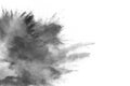 Black powder explosion. The particles of charcoal splatter on white background. Closeup of black dust particles splash isolated on Royalty Free Stock Photo