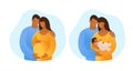 Black pregnant couple. African husband and wife with a child. Married couple with a newborn on a sky background. Flat