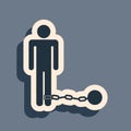 Black Prisoner with ball on chain icon isolated on grey background. Long shadow style. Vector