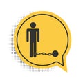 Black Prisoner with ball on chain icon isolated on white background. Yellow speech bubble symbol. Vector