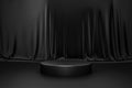 Black product background room and podium stand on dark curtain scene display with luxury fabric backdrops. 3D rendering