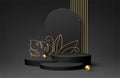 Black Product podium with golden monstera leaf line art on black background. Modern mockup template for advertising