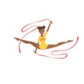 Black Professional Rhythmic Gymnastics Sportswoman In Yellow Leotard Performing An Element With Two Ribbons Apparatus