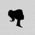 Black profile silhouette of young girl or woman head, face profile, vignette.