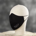 Black protective mask with small fancy crystals on a mannequin head