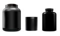 Black protein jar. Sport supplement bottle, nutrition can