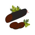 Black pudding. Meat delicatessen on white background. Slices of english traditional blood sausage. Simple flat style