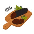 Black pudding. Meat delicatessen on a wooden cutting board.