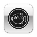 Black Puffer fish on a plate icon isolated on white background. Fugu fish japanese puffer fish. Silver square button