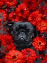 Adorable Black Pug Surrounded by Bright Red Flowers with Peaceful Expression Charming and Heartwarming Pet Photography Capturing