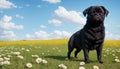 Black pug dog standing on green grass, AI Generated Royalty Free Stock Photo
