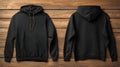 Black Pullover Hoodie Mockup: Front and Back on Wood Royalty Free Stock Photo