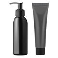 Black pump dispenser bottle. Plastic cream tube