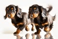 black puppies in blurred movement on white background dachshund dog