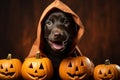 a black puppy dog wearing orange cloth with helloween pumpkins