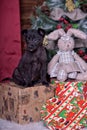 Black puppy and toy bunny Royalty Free Stock Photo