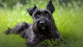 Black purebred miniature schnauzer dog lying green grass outdoors summer looking camera pet puppy animal canino doggy attractive Royalty Free Stock Photo