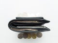 Black purse with paper and iron money top view Royalty Free Stock Photo