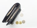 Black purse with paper and iron money top view Royalty Free Stock Photo