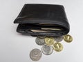 Black purse with paper and iron money Royalty Free Stock Photo