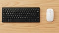Black QWERTY keyboard and white wireless mouse on a light wooden surface Royalty Free Stock Photo