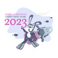 Black rabbit diver. Symbol of the new year 2023. Cute scuba bunny and numbers 2023. Merry Christmas. Royalty Free Stock Photo