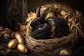 A black rabbit sits in a nest with golden eggs. Easter design