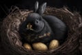 A black rabbit sits in a nest with golden eggs. Easter design