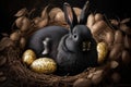 A black rabbit sits in a nest with golden eggs. Easter design