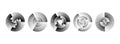 Black radial spiral pattern set. Circular rotating speed line form collection. Spinning circle sound wave bundle