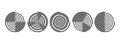 Black radial spiral pattern set. Circular rotating speed line form collection. Spinning circle sound wave concept