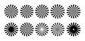 Black radial starburst elements. Isolated sunburst abstract design, circle graphic decorative vector icons. Cutter Royalty Free Stock Photo