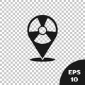 Black Radioactive in location icon isolated on transparent background. Radioactive toxic symbol. Radiation Hazard sign