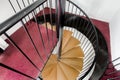 Black Rail Spiral Staircase with Wood Stairs and Burgundy Carpet and White Interior