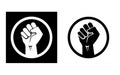 Raised hand with clenched fist in a circle. Set of icons depicting solidarity, power, anti-racism, protest and strength.