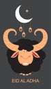 Black ram sacrificial animal for Eid al Adha. Greeting card Feast of Sacrifice