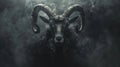 Black ram with twisted horns seen in a smoky backdrop during a dramatic setting Royalty Free Stock Photo