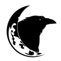Black raven bird head and crescent moon vector design