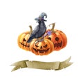 Black raven bird on pumpkin. Watercolor halloween illustration. Black crow in witch hat and magic wand on scary jack Royalty Free Stock Photo