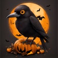 Black raven bird on pumpkin. Watercolor halloween illustration. Halloween decorative element. Black crow on scary jack pumpkin