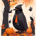 Black raven bird on pumpkin. Watercolor halloween illustration. Halloween decorative element. Black crow on scary jack pumpkin