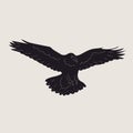 Black Raven or Crow bird. Side view. Cartoon style, flat design. Halloween, horror concept.