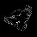 Black raven in flight, logo, emblem on a dark background. Vector illustration.