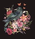 Black Raven Vintage Greeting Card With Flowers. Burgundy Roses Natural Illustration I