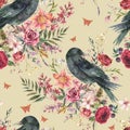 Black raven vintage seamless pattern with flowers. Burgundy roses natural texture